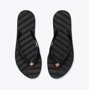 Tory Burch Kira Flip Flo Black Sandals with Gold Logo